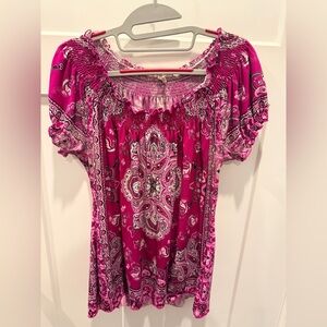Madison Purple Paisley Smocked Tunic Top Medium Boho Peasant Blouse